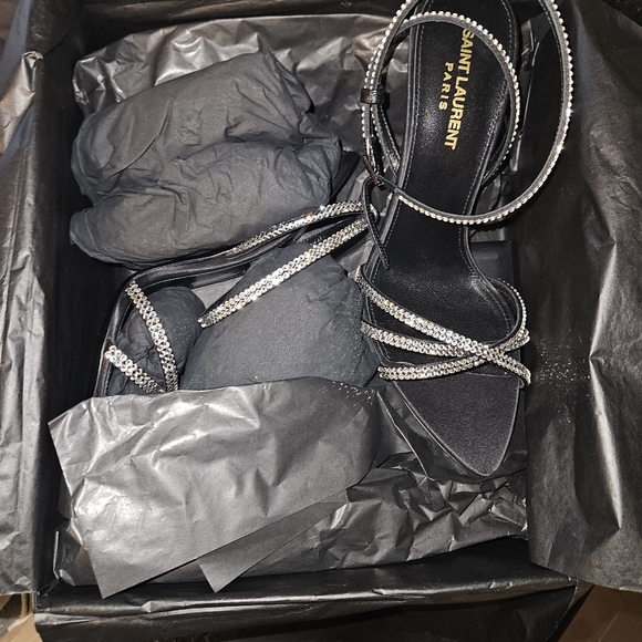 Saint Laurent Ava Strappy Sandals in Crepe Satin w/Rhinestones - NWT, size 39 - Picture 3 of 14